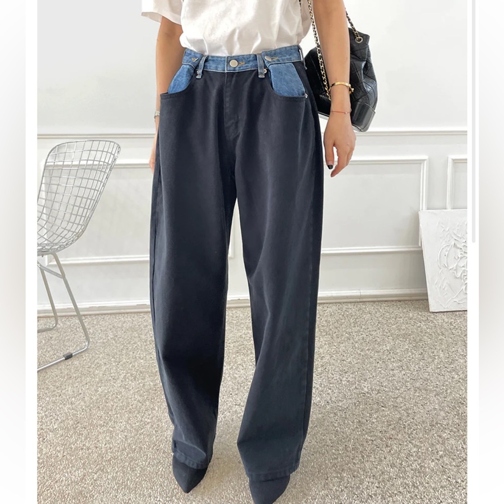 Frankie shop-  HAYLA CONTRAST DENIM PANTS - BLACK/BLUE